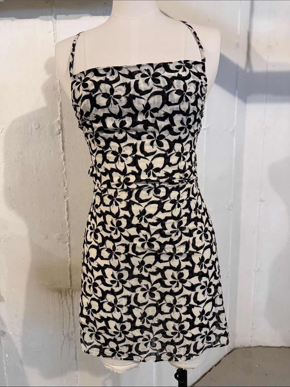 Black & White Floral Mini Dress with Spaghetti Straps